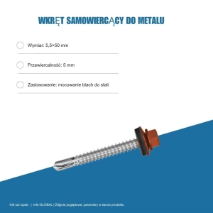 Wkręt samowiercący do metalu 5,5x50 mm, przewiercalność 5 mm, EPDM, 100 szt. – kolor do wyboru